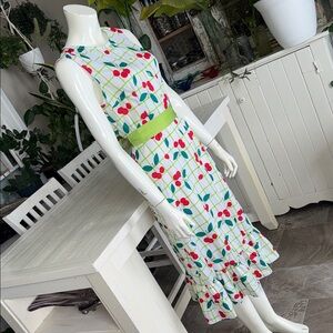 🍄Sleeveless White Cherry Print Midi Dress Green Waistband NWOT XL 50/60s vibes
